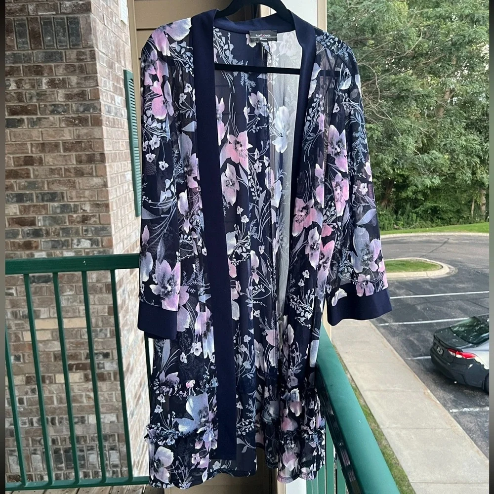 🆕 R&M Richards 22W Navy Pink Floral Mesh Jacket Kimono Cardigan Duster Plus Size - Picture 3 of 16